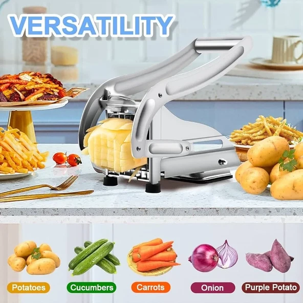 Çelik Patates Dilimleyici - Çok Fonksiyonlu Patates Dilimleyici, Sebze Doğrayıcı & Rendeli Ayarlanabilir Bıçak ile Düzgün Dilimler (5224) AZ-522489GTA17020 - Resim 2