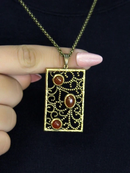 Doğal Taş Akik 3'lü Doğal Taşlı Antik Kadın Kolye euk45a ürün görseli