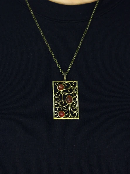 Doğal Taş Akik 3'lü Doğal Taşlı Antik Kadın Kolye euk45a - Resim 3