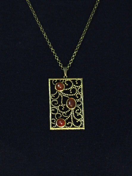 Doğal Taş Akik 3'lü Doğal Taşlı Antik Kadın Kolye euk45a - Resim 2