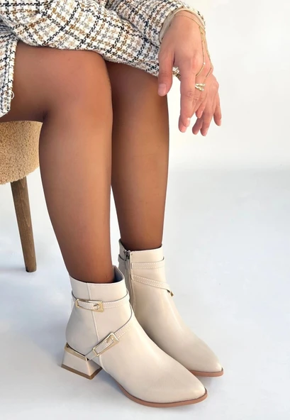 İnay Bej Cilt Topuklu Bot