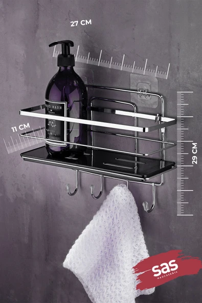 4 Kancalı Yapışkanlı Ayarlanabilir Banyo Rafı – Paslanmaz Metal Kristal Şampuanlık (Yapıştır/Vidala) Krom-Siyah - LŞ-01 - KSKK - Resim 3