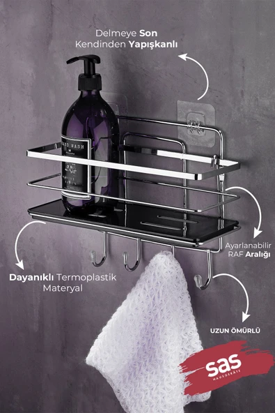 4 Kancalı Yapışkanlı Ayarlanabilir Banyo Rafı – Paslanmaz Metal Kristal Şampuanlık (Yapıştır/Vidala) Krom-Siyah - LŞ-01 - KSKK - Resim 2