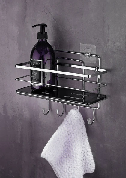 4 Kancalı Yapışkanlı Ayarlanabilir Banyo Rafı – Paslanmaz Metal Kristal Şampuanlık (Yapıştır/Vidala) Krom-Siyah - LŞ-01 - KSKK - Resim 5
