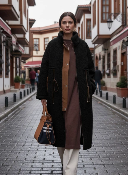 Beli Bağcıklı Kadın Fermuarlı Peluş Ceket ürün görseli 1