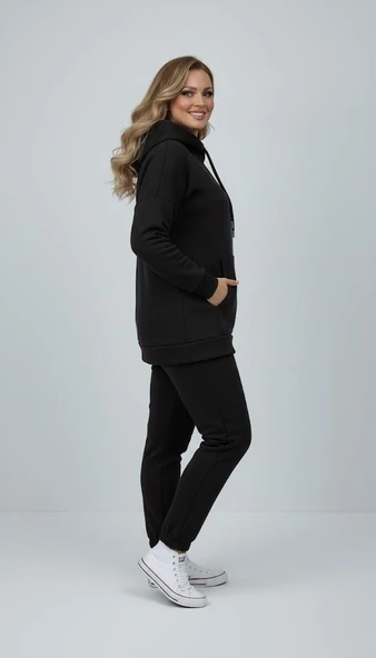 Kadın Büyük Beden Uzun Kollu Üç İplik Şardonlu Lastik Paça Eşofman Takımı 8230 - 3