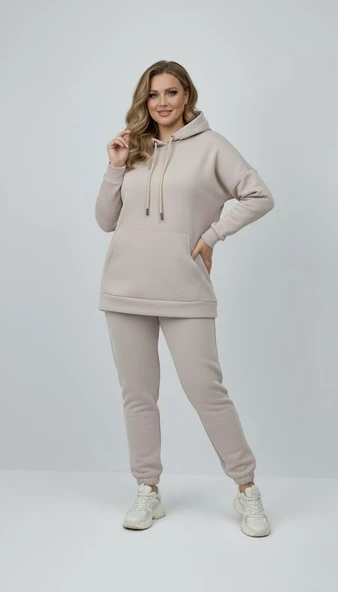 Kadın Büyük Beden Uzun Kollu Üç İplik Şardonlu Lastik Paça Eşofman Takımı 8230 - 8