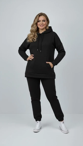 Kadın Büyük Beden Uzun Kollu Üç İplik Şardonlu Lastik Paça Eşofman Takımı 8230 - 2