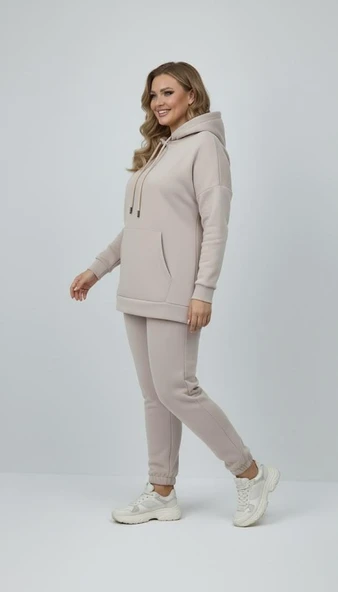 Kadın Büyük Beden Uzun Kollu Üç İplik Şardonlu Lastik Paça Eşofman Takımı 8230 - 9