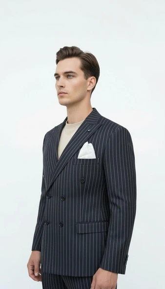 Plus Scorpion Siyah Çizgili Erkek Kruvaze Blazer Ceket – İtalyan Kesim, Şık ve Modern - Resim 3