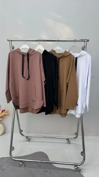 Kadın Büyük Beden Uzun Kollu Kapüşonlu Kanguru Cepli Sweatshirt 2016 - 10