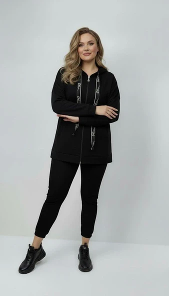 Kadın Büyük Beden Uzun Kollu Kapüşonlu Fermuar Detaylı Sweatshirt 2007 - 2