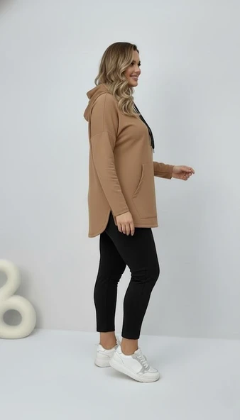 Kadın Büyük Beden Uzun Kollu Kapüşonlu Kanguru Cepli Sweatshirt 2016 - 9