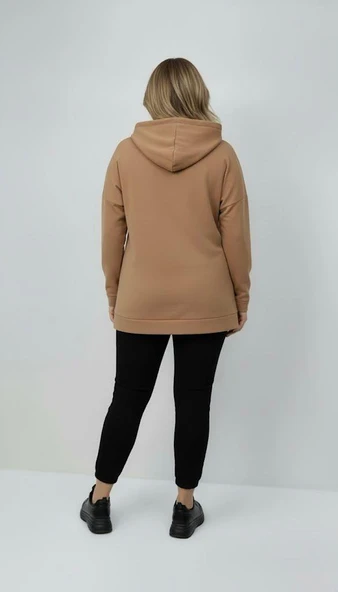 Kadın Büyük Beden Uzun Kollu Kapüşonlu Fermuar Detaylı Sweatshirt 2007 - 12