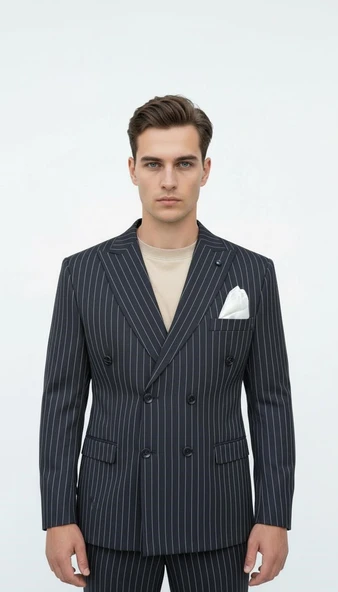 Plus Scorpion Siyah Çizgili Erkek Kruvaze Blazer Ceket – İtalyan Kesim, Şık ve Modern ürün görseli 1