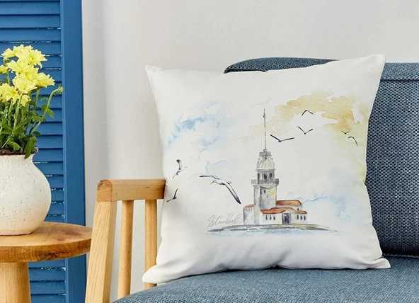 Karaca Home Kız Kulesi Ekru Desenli İç Dolgulu Kırlent 45 45 cm Şık Ve Keyifli Dekoratif Yastık ürün görseli