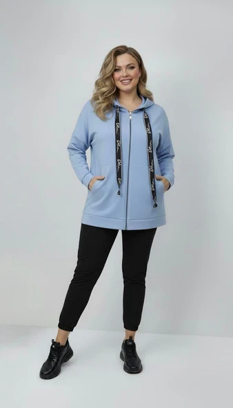 Kadın Büyük Beden Uzun Kollu Kapüşonlu Fermuar Detaylı Sweatshirt 2007