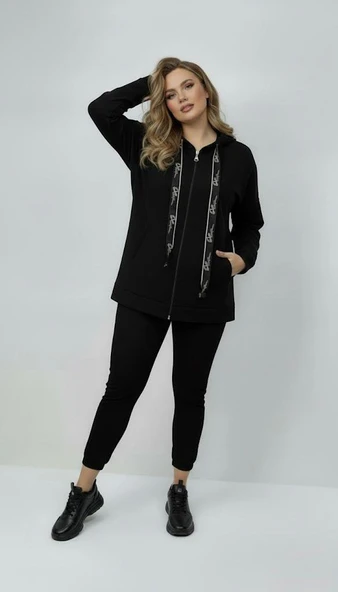Kadın Büyük Beden Uzun Kollu Kapüşonlu Fermuar Detaylı Sweatshirt 2007 - 3