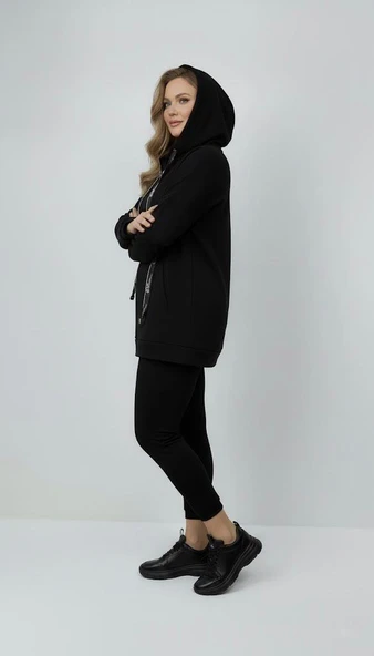 Kadın Büyük Beden Uzun Kollu Kapüşonlu Fermuar Detaylı Sweatshirt 2007 - 4