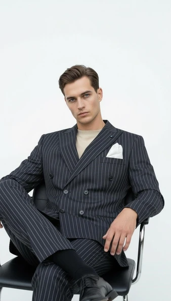 Plus Scorpion Siyah Çizgili Erkek Kruvaze Blazer Ceket – İtalyan Kesim, Şık ve Modern ürün görseli