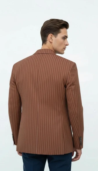 Plus Scorpion Kahverengi Çizgili Erkek Kruvaze Blazer Ceket – İtalyan Kesim, Modern Şıklık - Resim 5