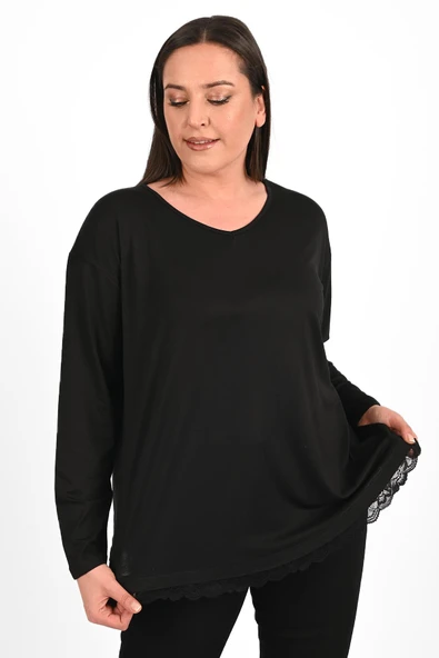 Kadın Etek Ucu Güpür Dantel Detaylı Büyük Beden Bluz 1386-23 - 3