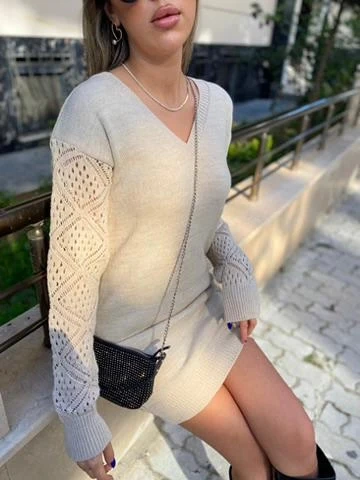 MDB Kadın Uzun Kollu V Yakalı Mini Triko Elbise - Resim 7