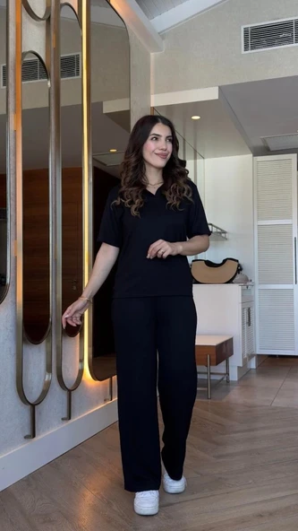 MDB Kadın Kısa Kollu Yakalı Viskon Iki Iplik Bluz Ve Pantolon Ikili Takım - Resim 4