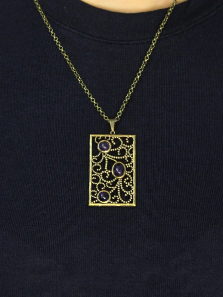 Doğal Taş Ametist 3'lü Doğal Taşlı Antik Kadın Kolye euk45amt - Resim 3