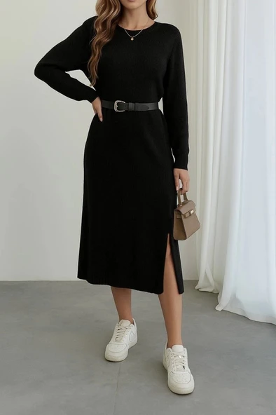 MDB Kadın Uzun Kollu Bisiklet Yaka Yandan Yırtmaçlı Midi Triko Elbise ürün görseli 1