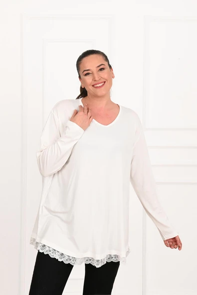 Kadın Etek Ucu Güpür Dantel Detaylı Büyük Beden Bluz 1386-23 - 11