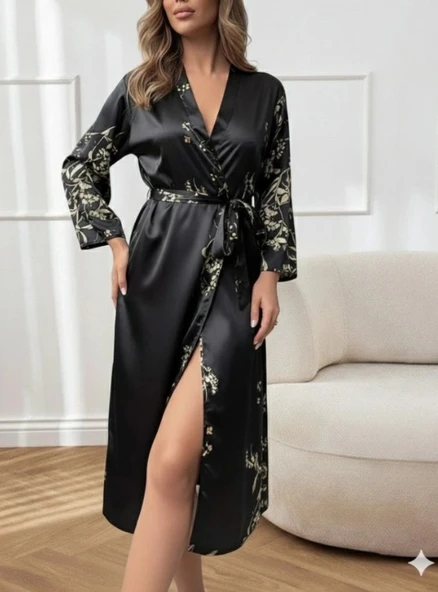 MDB Kadın Uzun Kollu V Yakalı çiçek Baskılı Belden Kuşaklı Midi Saten Gecelik ürün görseli 1