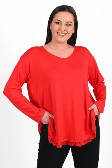 Kadın Etek Ucu Güpür Dantel Detaylı Büyük Beden Bluz 1386-23 - 5
