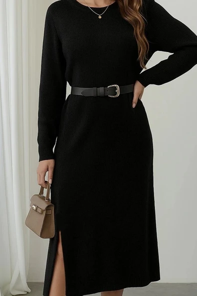 MDB Kadın Uzun Kollu Bisiklet Yaka Yandan Yırtmaçlı Midi Triko Elbise - Resim 2