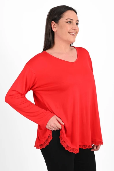 Kadın Etek Ucu Güpür Dantel Detaylı Büyük Beden Bluz 1386-23 - 7