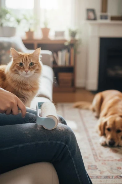 Kedi Köpek Mama Kovası ve Tüy Toplayıcı Seti, Kapaklı Kulplu Mama Saklama Kabı + Tüy Toplayı Rulo - Resim 4