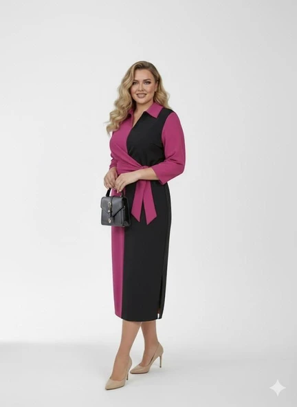 Kadın Büyük Beden Gömlek Yaka Bağlamalı Elbise 5399-26 - 5