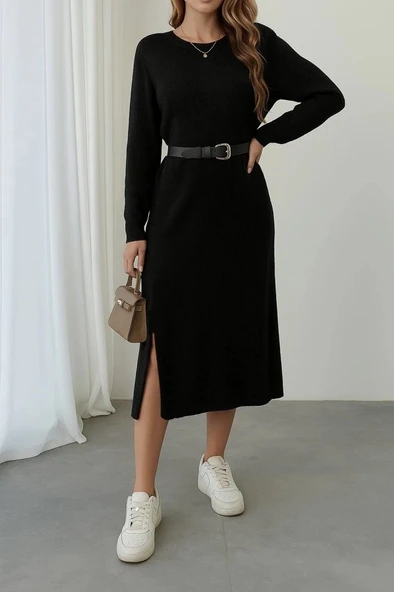 MDB Kadın Uzun Kollu Bisiklet Yaka Yandan Yırtmaçlı Midi Triko Elbise - Resim 3