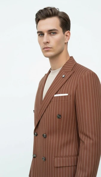 Plus Scorpion Kahverengi Çizgili Erkek Kruvaze Blazer Ceket – İtalyan Kesim, Modern Şıklık - Resim 4