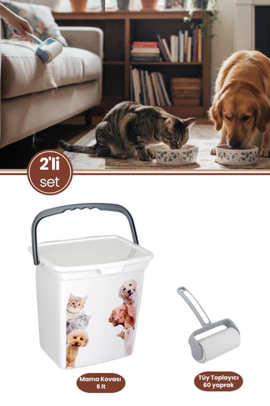 Kedi Köpek Mama Kovası ve Tüy Toplayıcı Seti, Kapaklı Kulplu Mama Saklama Kabı + Tüy Toplayı Rulo ürün görseli 1