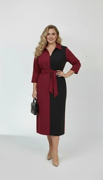 Kadın Büyük Beden Gömlek Yaka Bağlamalı Elbise 5399-26 - 10