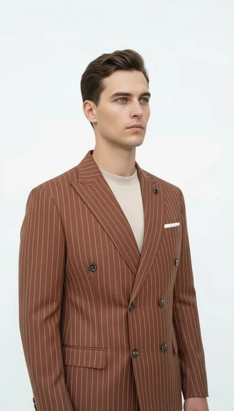 Plus Scorpion Kahverengi Çizgili Erkek Kruvaze Blazer Ceket – İtalyan Kesim, Modern Şıklık - Resim 3