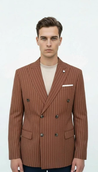 Plus Scorpion Kahverengi Çizgili Erkek Kruvaze Blazer Ceket – İtalyan Kesim, Modern Şıklık - Resim 2