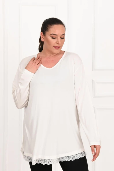 Kadın Etek Ucu Güpür Dantel Detaylı Büyük Beden Bluz 1386-23 - 9