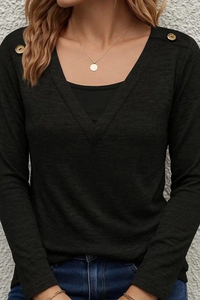 MDB Kadın Uzun Kollu V Yaka Düğme Detaylı Yumoş Bluz - Resim 2