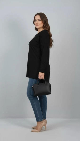 Kadın Büyük Beden Uzun Kollu Yırtmaçlı Basic Bluz 1984 - 3