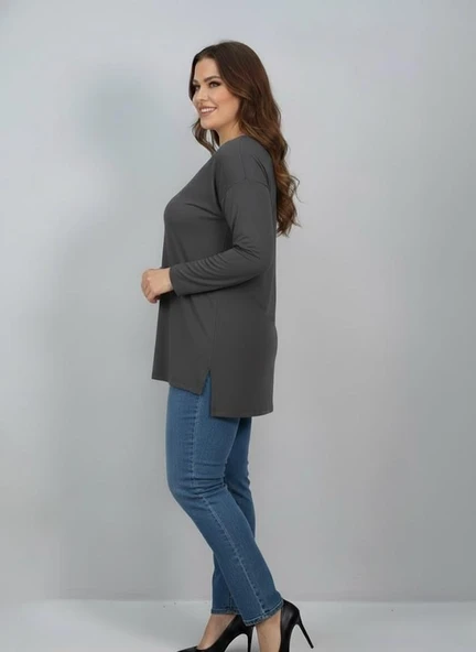 Kadın Büyük Beden Uzun Kollu Yırtmaçlı Basic Bluz 1984 - 11