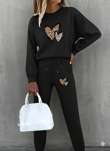 MDB Kadın Uzun Kollu Bisiklet Yaka Kalp Desenli şardonlu üç Iplik Bluz Ve Pantolon Ikili Takım ürün görseli 1