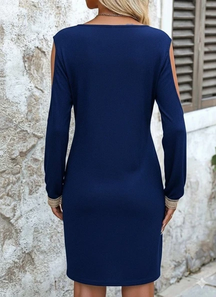 MDB Kadın Uzun Kollu Omuzdan Açık V Dantel Yakalı Mini Waffle Elbise - Resim 4