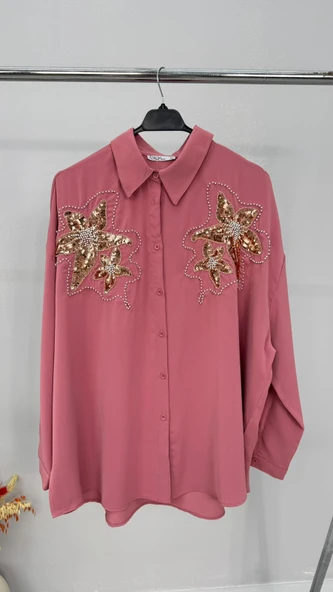 Kadın Büyük Beden Pul Payet İşlemeli Uzun Kollu Gömlek 1985-26 - 8